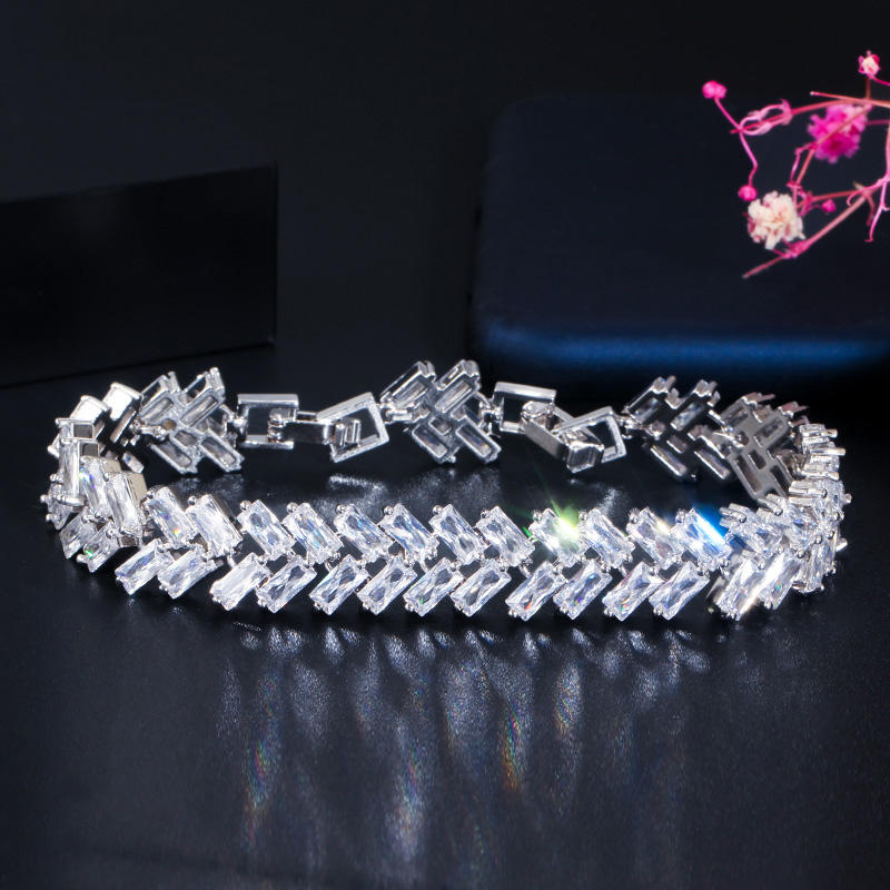 Bracelet "Feuille Cristalline" Plaqué Or Blanc