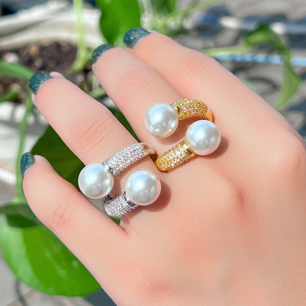 Duo de Nacre – Bague Ouverte Perles & Zircon
