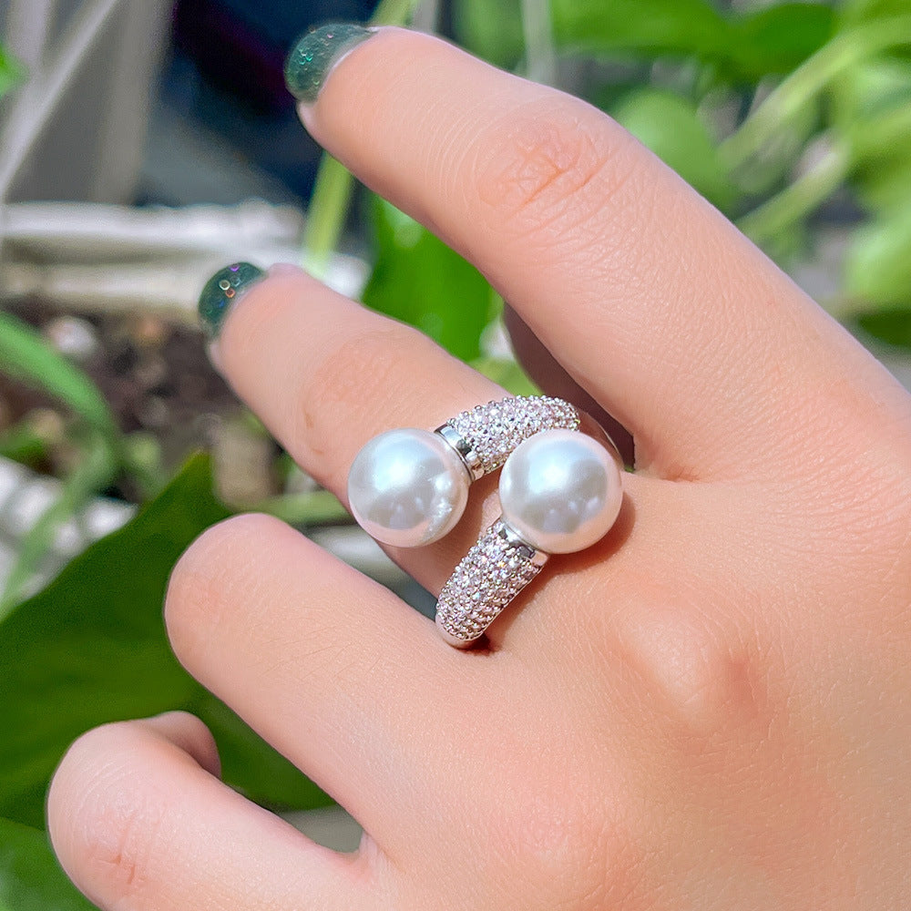 Duo de Nacre – Bague Ouverte Perles & Zircon