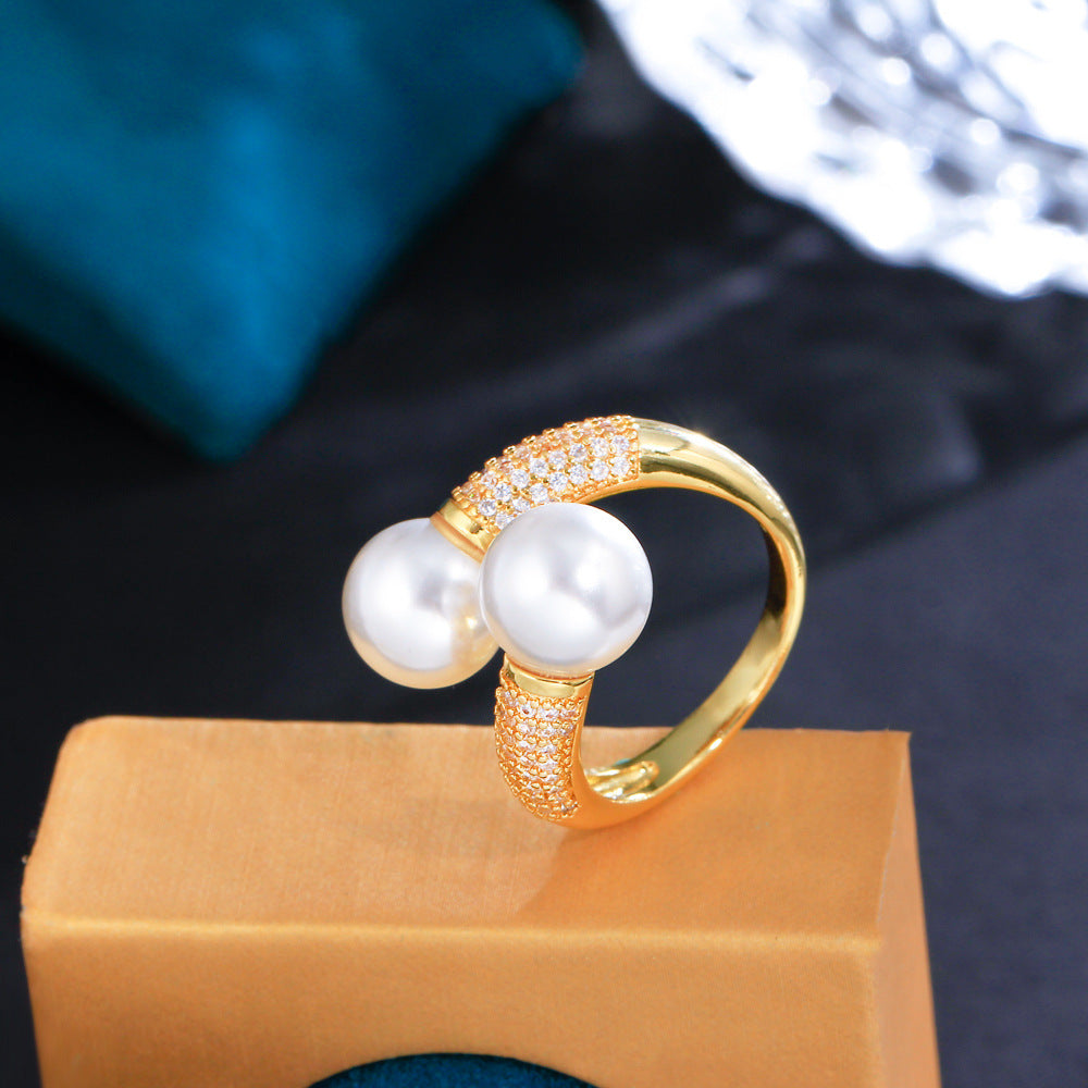 Duo de Nacre – Bague Ouverte Perles & Zircon