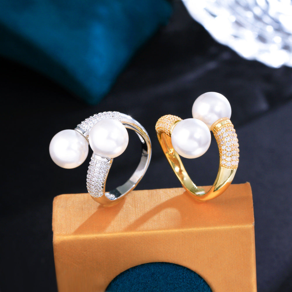 Duo de Nacre – Bague Ouverte Perles & Zircon