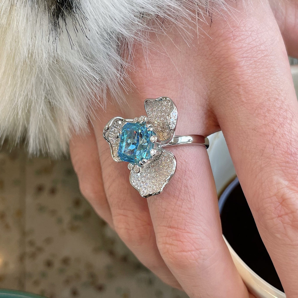 Aigue-Marine Céleste – Bague Fleur Zircon