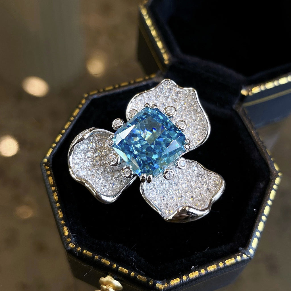 Aigue-Marine Céleste – Bague Fleur Zircon